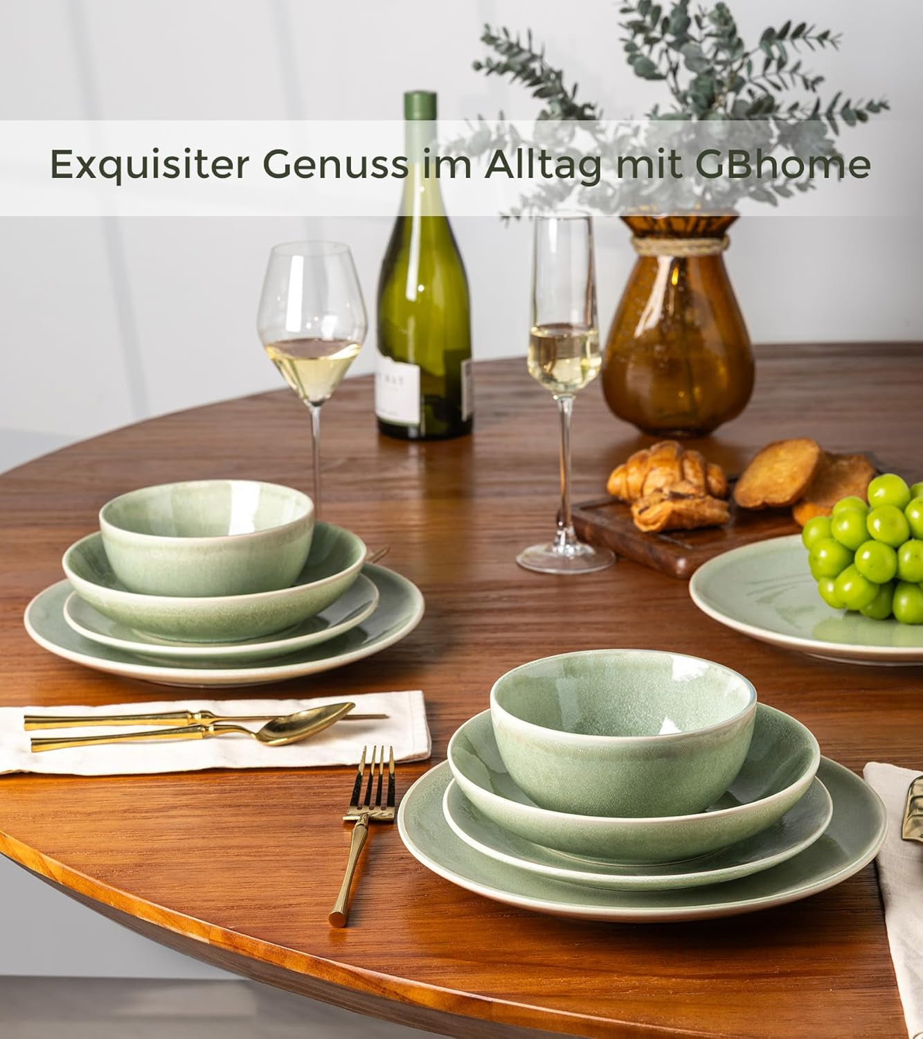 GBHOME Set de veselă ceramică pentru 6 persoane, set de 24 de piese farfurii și boluri pictate manual, vase din gresie rezistente la zgârieturi, potrivit pentru mașina de spălat vase și cuptorul cu microunde