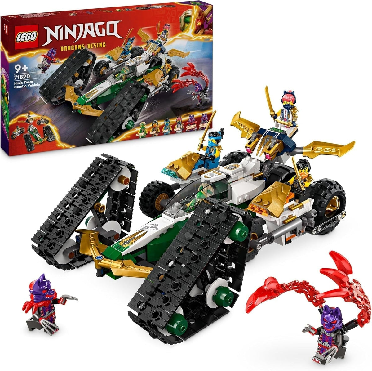 Sada LEGO NINJAGO Ninja Team Combi Caterpillar 4 v 1 s kluzákem, závodním autem a 2 motocykly a 6 minifigurkami Dárek pro chlapce a dívky Hračka Ninja 71820 Stavebnice Besuche den LEGO-Store Výchozí název