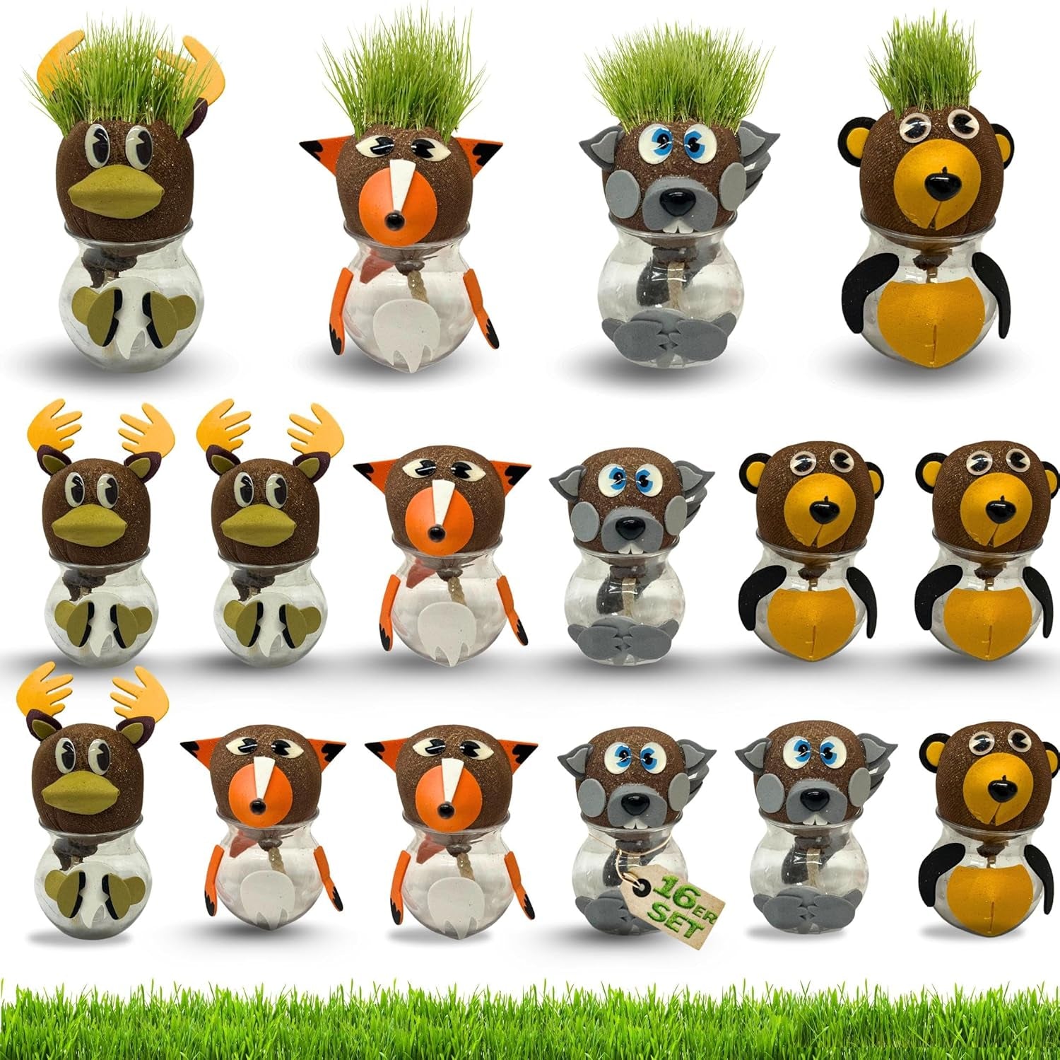 Bada Bing Graskopf 4er Set vč. Wasserbehälter Waldtiere DIY Tiere – Rasenkopf Tierkopf mit Rasensamen – Experiment für Kinder – Spaß mit Lerneffekt – Geschenk Mitbringsel Kindergeburtstag Mitgebsel