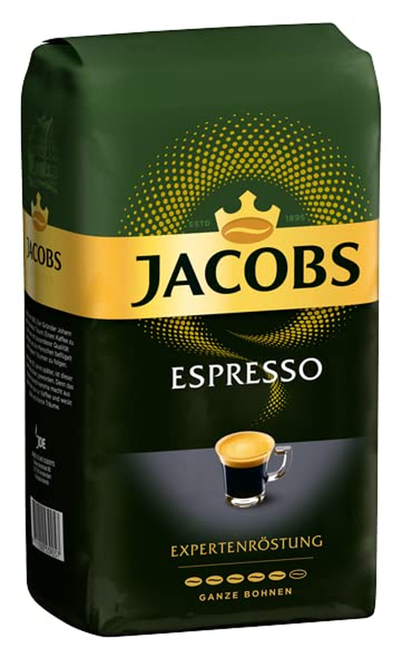 Boabe de cafea Jacobs Café Espresso 1kg – Puternice, picante, boabe Arabica și Robusta, intensitate 8/10, ideale pentru espresso (pachet de 4)