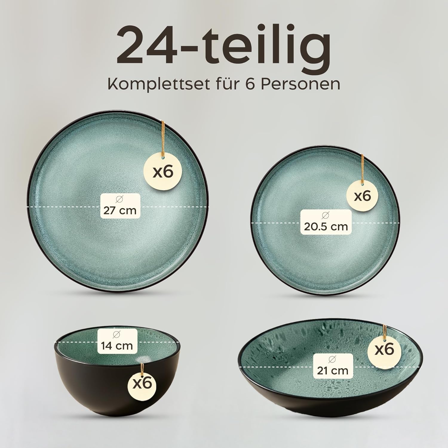 Set de veselă din gresie Twinzee, 24 de piese pentru 6 persoane - Set bol și farfurie - Veselă din gresie pentru cuptorul cu microunde - Colecția Riviera