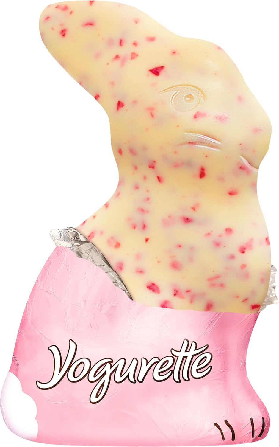 Velikonoční zajíček s jogurtem 75g – Čokoládový zajíček na Velikonoce – Bílá čokoláda s jogurtem a ovocnými jahodovými chipsy – Čokoládový zajíček na Velikonoce a velikonoční košík – Čokoládový dárek – Velikonoční dárek