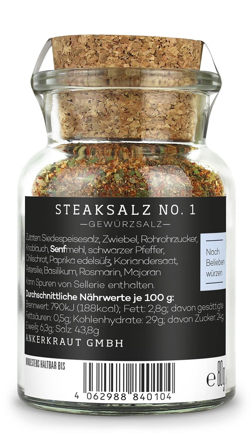 Ankerkraut Steaksalz č. 1, das perfekte Finisher- und Steakhouse-Salz, 80g v Korkenglas