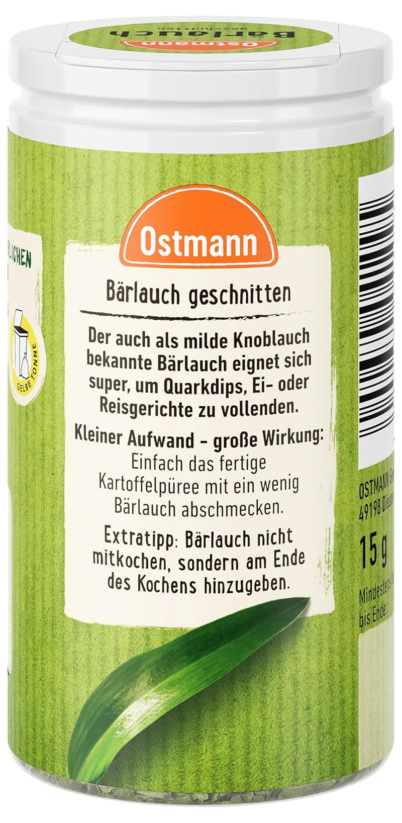 Ostmann Gewürze - Bärlauch geschnitten | Mírnější Knoblauch-Geschmack | Für Ei- oder Reisgerichte sowie Quarkdips | 15 g v Der Streudose