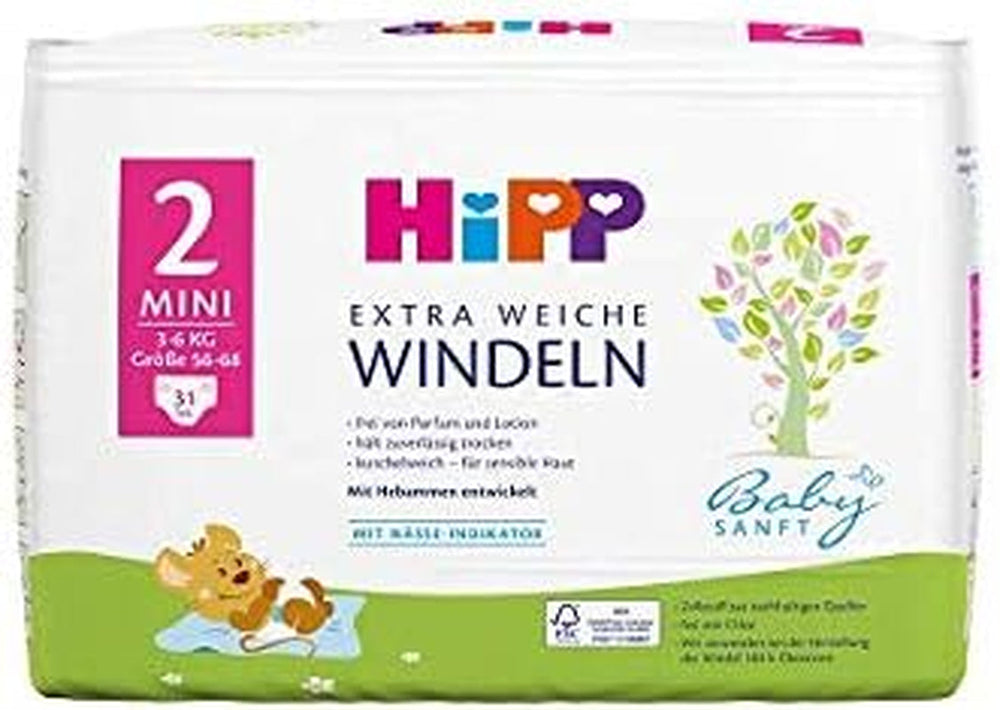 Scutece mini HiPP Babysanft mărimea 2 într-un pachet de 2 săptămâni (124 scutece)