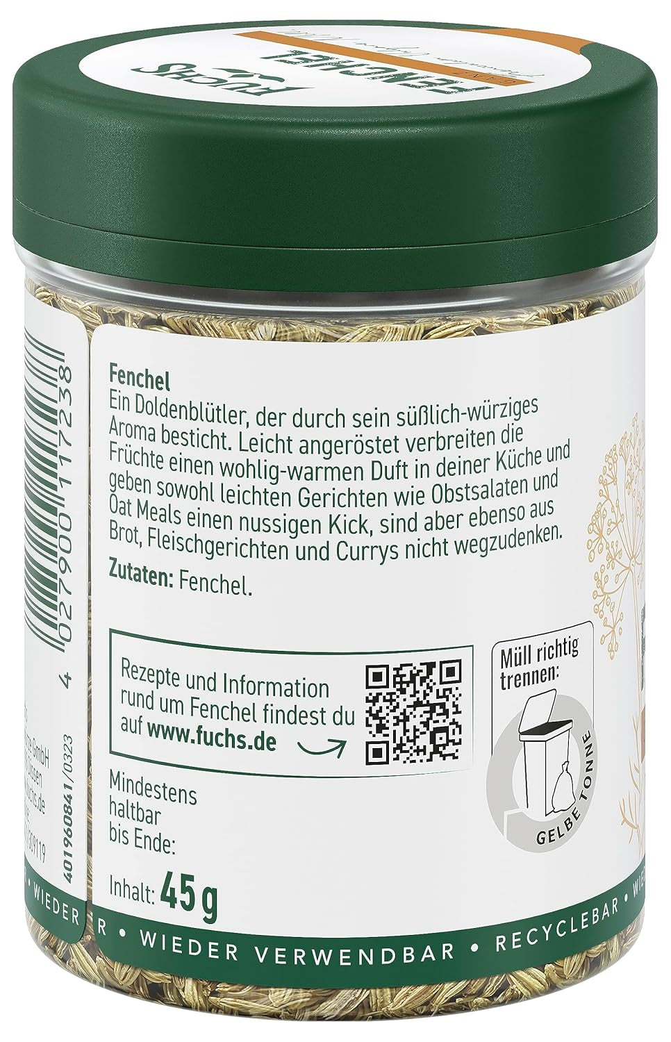 Fuchs Gewürze - Fenykl ganz - Sladko-würziges Aroma für Obstsalate, Ovesné moučky nebo kari - přírodní ingredience - 45 g v wiederverwendbarer, recyclebarer Dávka