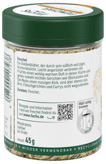 Fuchs Gewürze - Fenykl ganz - Sladko-würziges Aroma für Obstsalate, Ovesné moučky nebo kari - přírodní ingredience - 45 g v wiederverwendbarer, recyclebarer Dávka