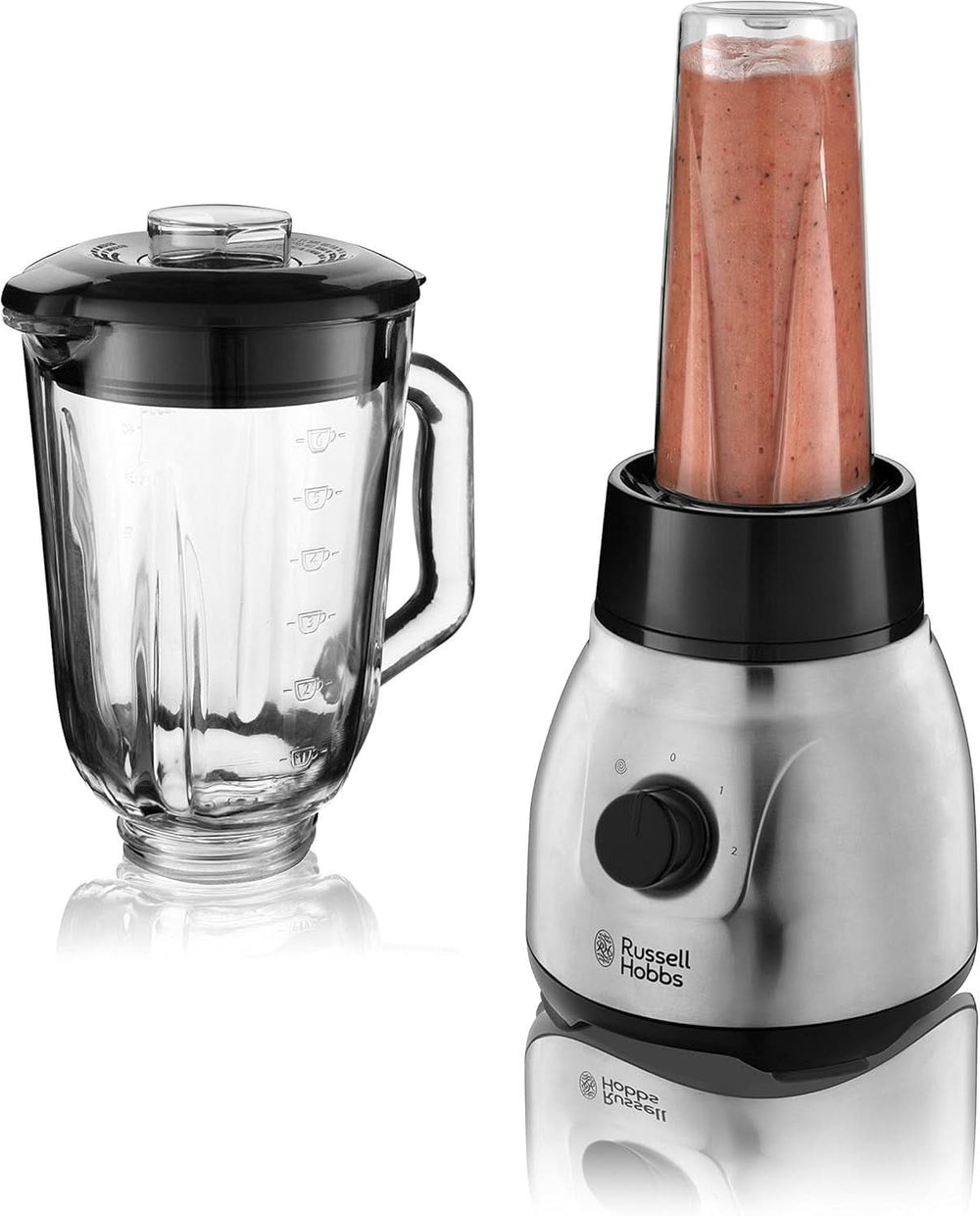 Russell Hobbs Standmixer 2-v-1 [1,5L Glasbehälter Mixer & 0,6L Mini Smoothie Maker -To-Go-Trinkflasche Inkl. Deckel] Spülmaschinenfest, Impuls-/Ice-Crush Funktion, Becher BPA Frei, Edelstahl 23821-56 Kitchen Naty Shop