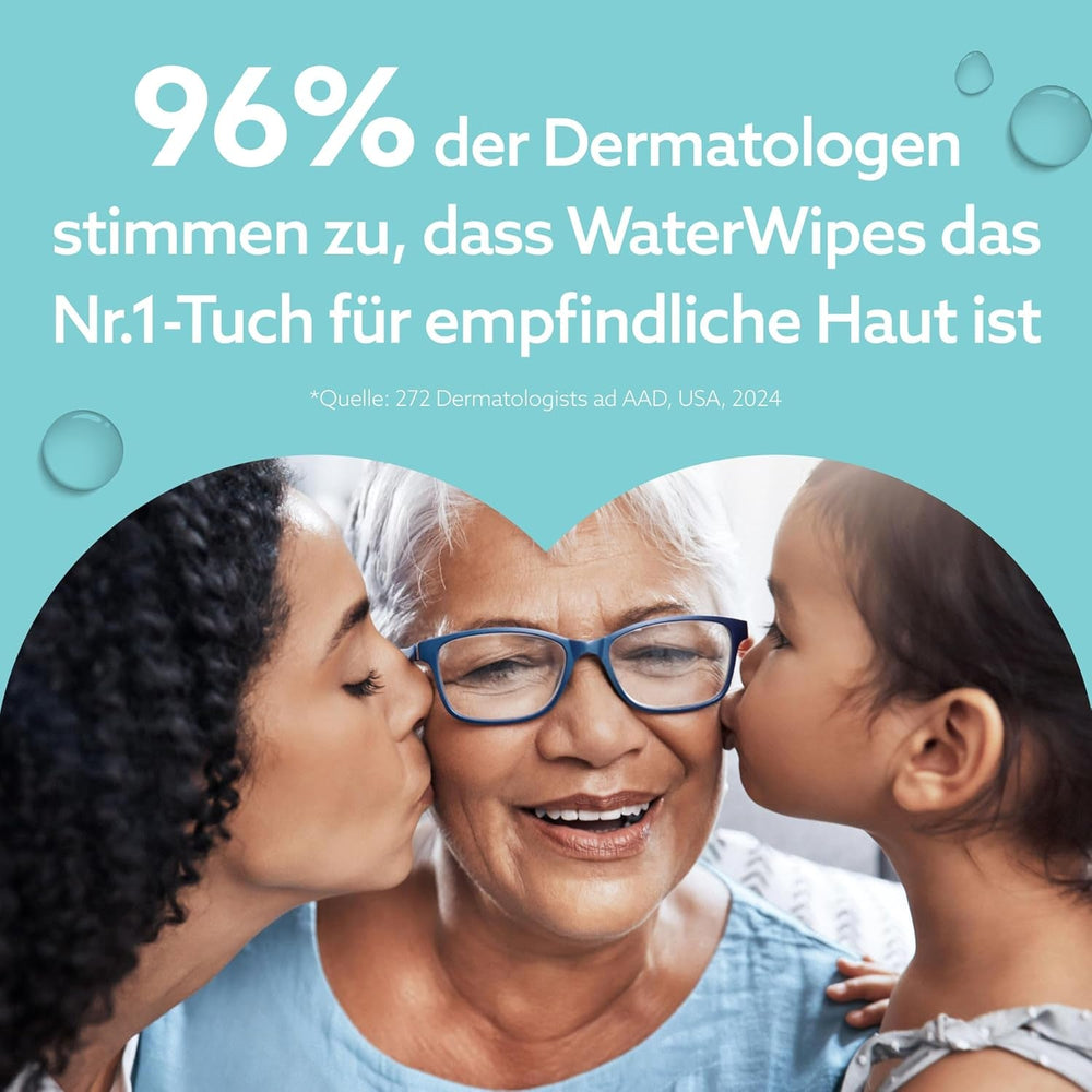 Șervețele umede WaterWipes Sensitive+ On The Go, 100 de șervețele (10 pachete), 3 în 1 curăță, îngrijește, protejează, 99,9% apă, șervețele fără parfum