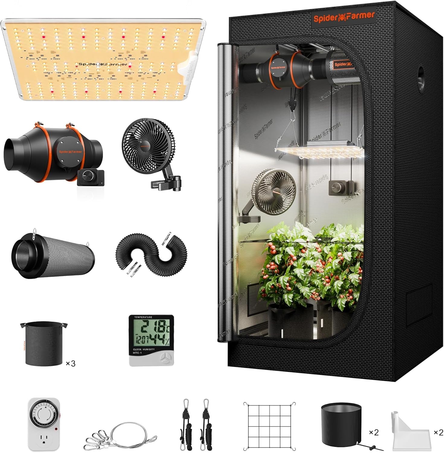 Spider Farmer SF1000 Full Spectrum Stmívatelné LED růstové světlo, Dioda Samsung LM301H EVO, 70x70x160cm sada Full Grow stanu, sada hydroponického pěstebního stanu, ventilační systém