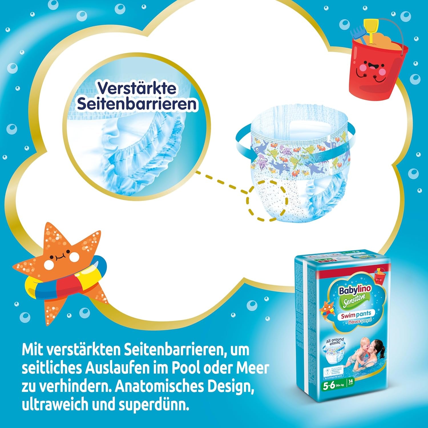 Plenky Sensitive Swim Pants, na moře a bazén, velikost 5-6 (nad 14 kg), 84 kusů