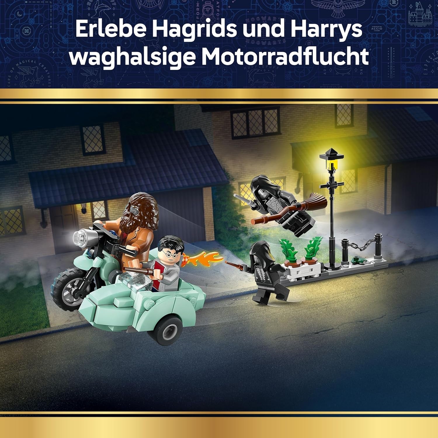 LEGO Harry Potter Hagrids a Harrys Flucht aus dem Ligusterweg - Motorrad Spielzeug mit 4 Minifiguren - 2 Todesser, eine Strassenszene - Geschenk für Mädchen, Jungen und Fans ab 8 Jahren - 76459