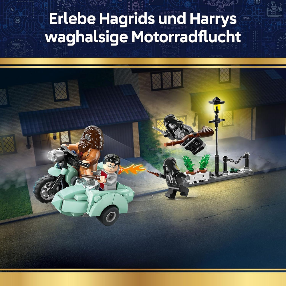 LEGO Harry Potter Hagrids a Harrys Flucht aus dem Ligusterweg - Motorrad Spielzeug mit 4 Minifiguren - 2 Todesser, eine Strassenszene - Geschenk für Mädchen, Jungen und Fans ab 8 Jahren - 76459