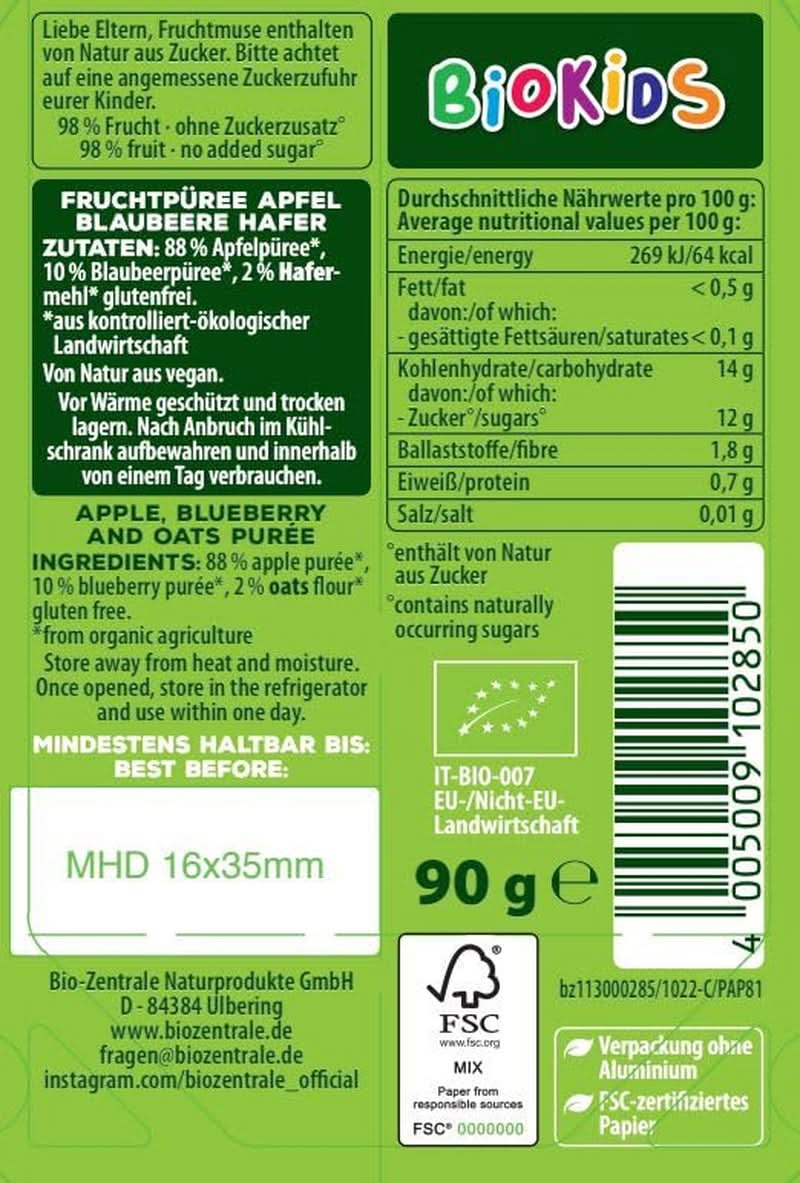 Biozentrale Biokids Ovocné pyré jablka borůvky oves | 12X90G | Veganská ovocná ovesná svačina | Bez přidaného krystalového cukru Mother and Child Naty Shop