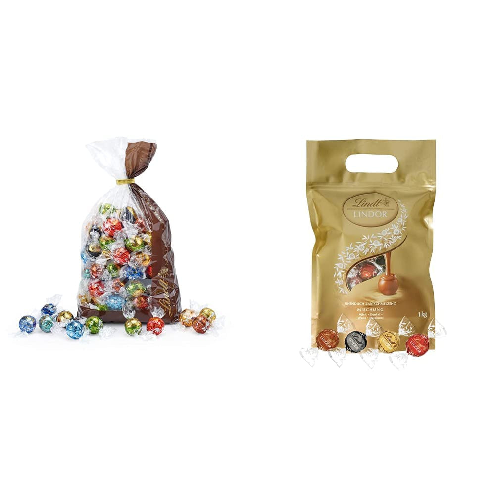 Sortiment Lindt Čokoláda LINDOR | 1371 g, Classic | cca. 80 kuliček čokolády (mléčná, bílá, hořká 60%, oříšková) | Velké balení, 1 kg