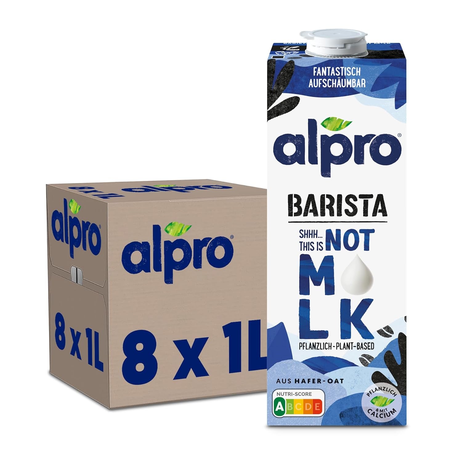 Alpro Barista Haferdrink – Zum Aufschäumen – Vegan und Milchfrei – Von Natur aus laktosefrei – Bohatý na balastní látky, vápník a vitamíny – 8 x 1 L – Haltbar