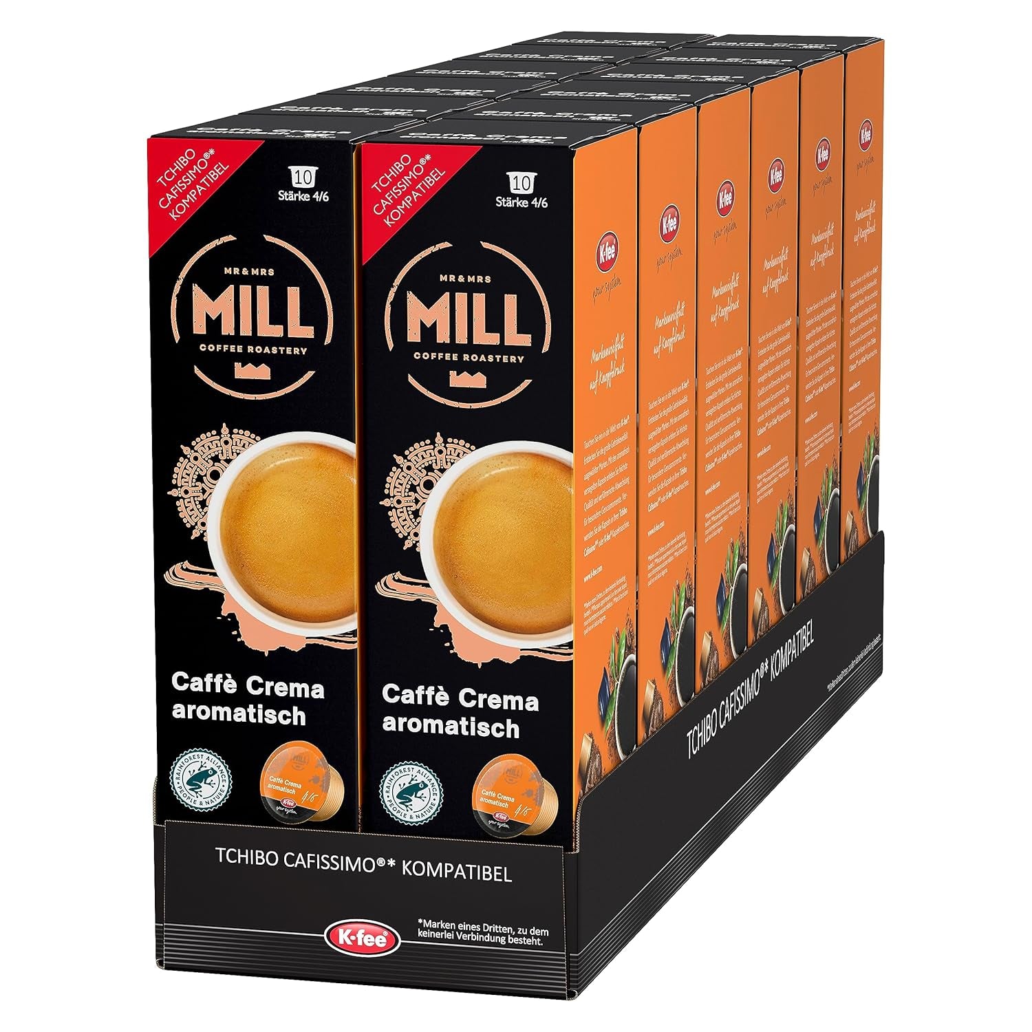 Mr & Mrs Mill Caffè Crema aromatisch, kompatibel mit K-fee & Tchibo Cafissimo*, Stärke 4/6, 120 Kaffeekapseln