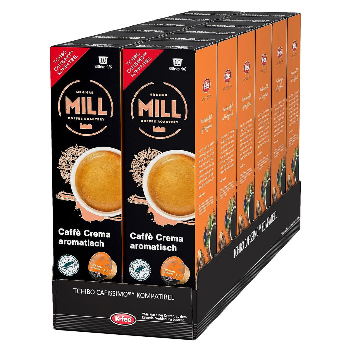 Mr & Mrs Mill Caffè Crema aromatisch, kompatibel mit K-fee & Tchibo Cafissimo*, Stärke 4/6, 120 Kaffeekapseln