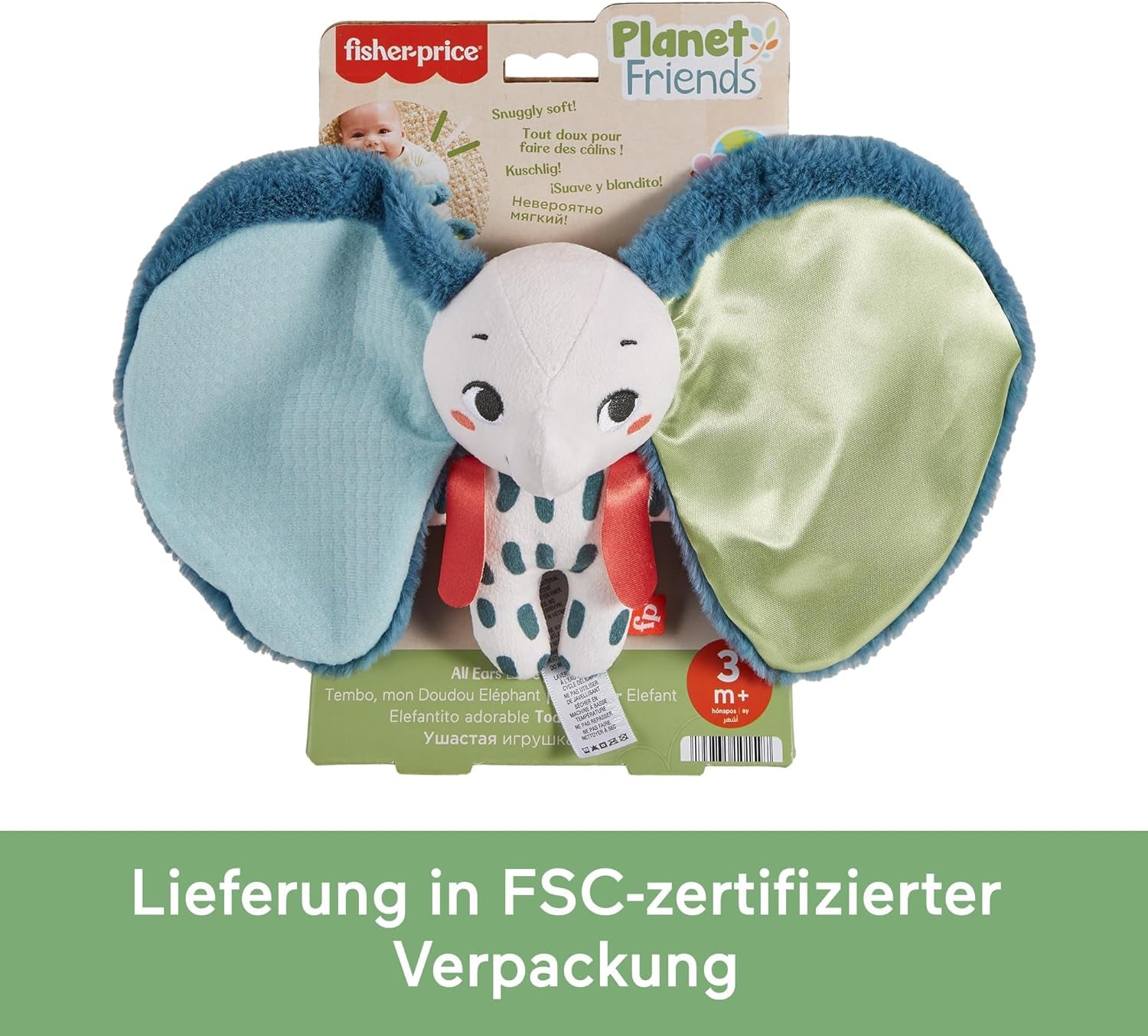 Fisher-Price Giant Ear Elephant - Jucărie adorabilă din pluș moale cu urechi foarte mari, fabricată din plastic reciclat în proporție de 90% și ambalaj certificat FSC, pentru bebeluși de la 3 luni în sus, HKD63 Jucarii Bebe Naty Shop