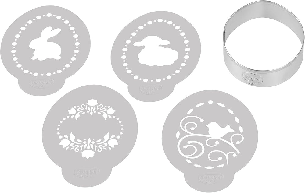 Decupator de ouă Dr. Oetker, inclusiv 4 șabloane decorative din seria „Golden Easter”, matriță pentru fursecuri și biscuiți (culoare: argintiu, alb), cantitate: 1 x set de 5 piese