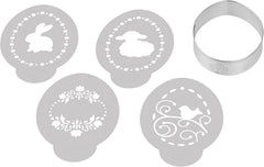 Decupator de ouă Dr. Oetker, inclusiv 4 șabloane decorative din seria „Golden Easter”, matriță pentru fursecuri și biscuiți (culoare: argintiu, alb), cantitate: 1 x set de 5 piese