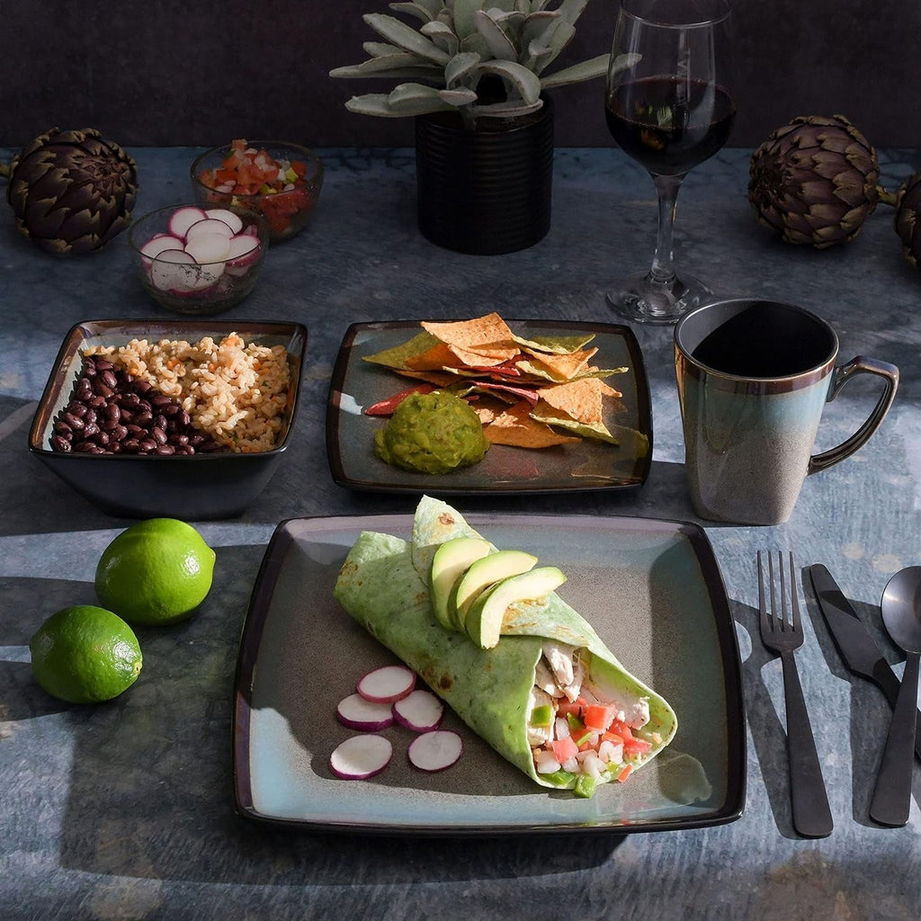 Tequesta Geschirrset Aus Steinzeug Mit Reaktiver Glasur, Quadratisch, Für 4 Personen (16 Stück), Taupe Seturi vesela masa Naty Shop