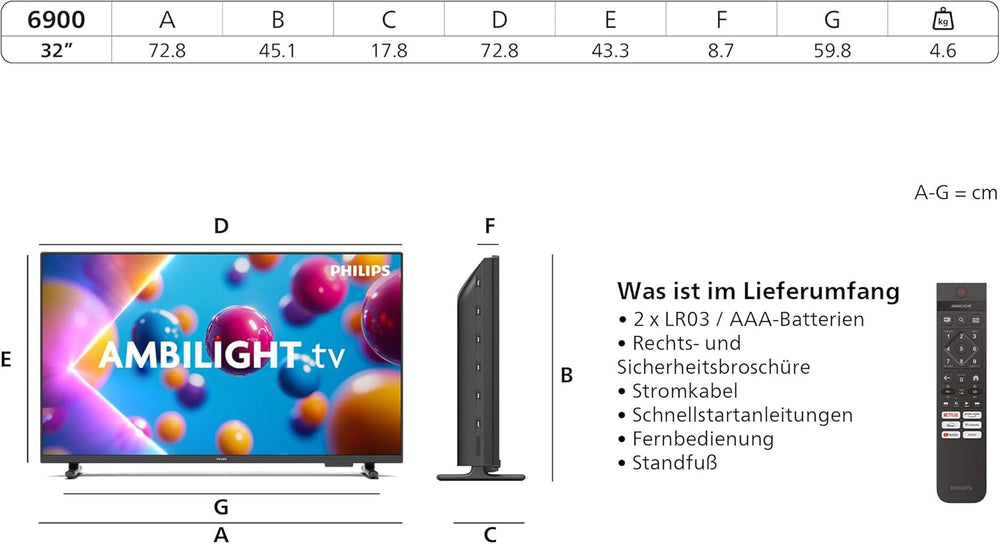Televizor inteligent LED Philips 32PFS6900 HD - ecran de 32 de inci cu Pixel Plus, platformă Titan OS și sunet Dolby Digital - Funcționează cu Alexa și Google Assistant