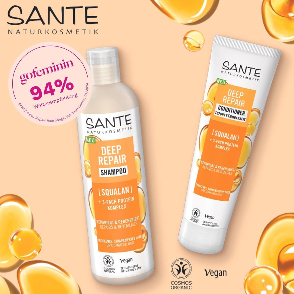 SANTE Natural Cosmetics Deep Repair Mask Squalane + complex proteic de 3 ori, mască de păr vegană pentru hidratare intensă și păr flexibil, repară și regenerează părul deteriorat, 150 ml Masca de par Naty Shop