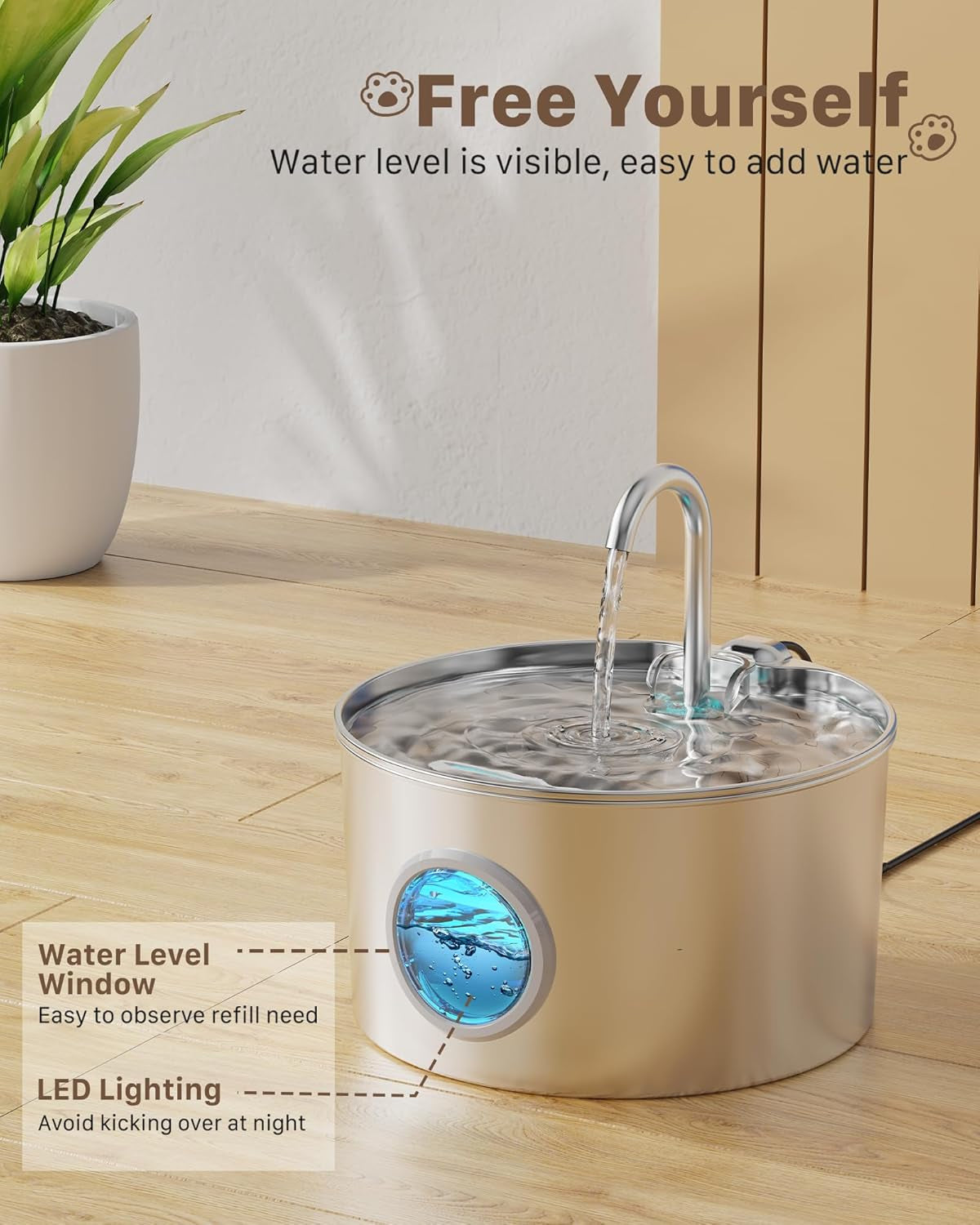 Katzenbrunnen Edelstahl Trinkbrunnen für Katze: Katzenbrunnen für Katzen - 2,2L Ultra leise Wasserbrunnen für Katzen - katzenbrunnen für Hunde mit Wasserstandsfenster - Enhtält keinen EU-Adapter