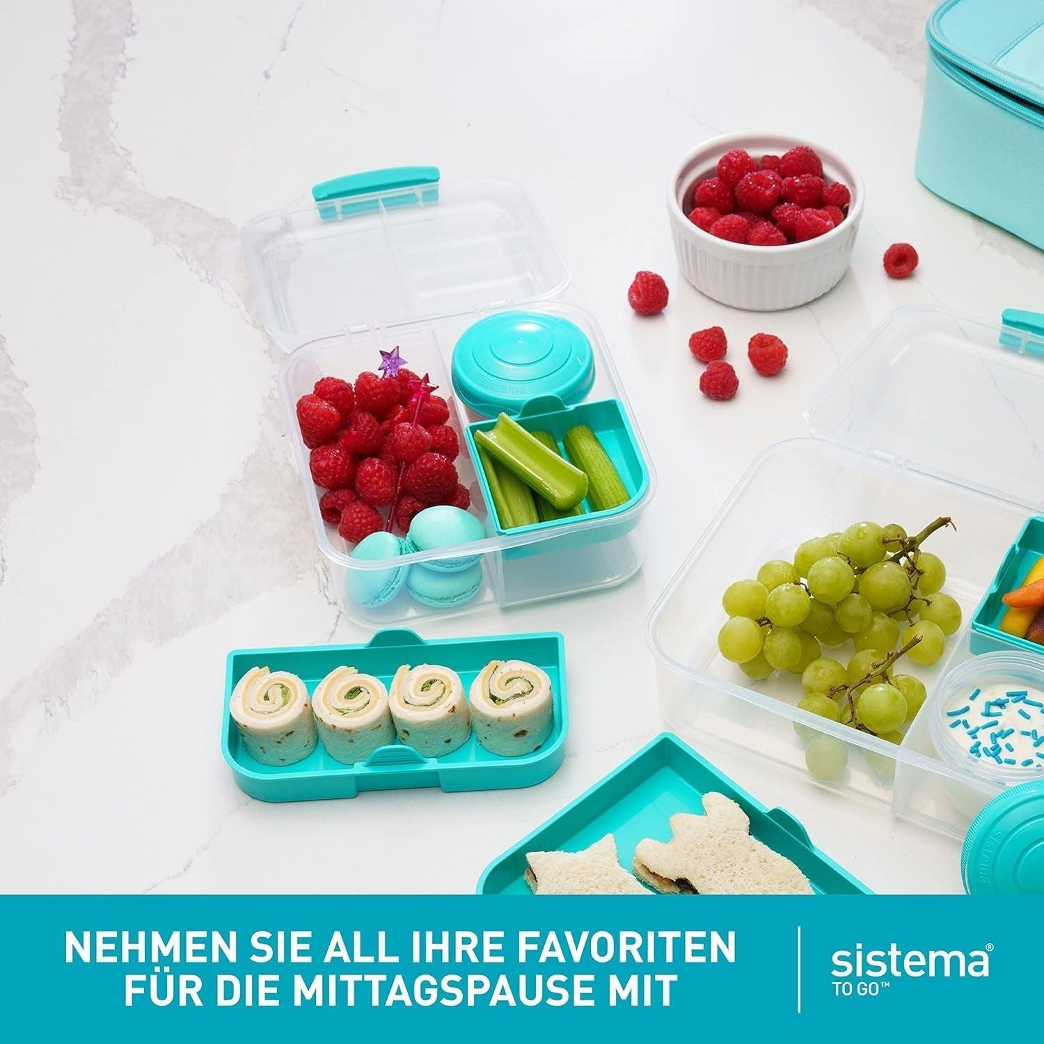 Sistema Bento Box TO GO lunch box cu compartimente | 1.25 L lunch box cu recipient pentru iaurt/fructe | pentru copii și adulți l | BPA-free | Minty Teal [21685-8T], verde mentă Cutii depozitare alimente Naty Shop