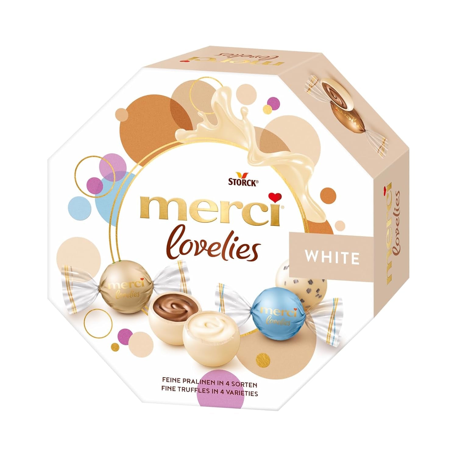 merci lovelies Creamy – 1 x 185g – Krabice pralinek se 4 plněnými čokoládovými specialitami – Čokoládové kuličky ke sdílení a darování