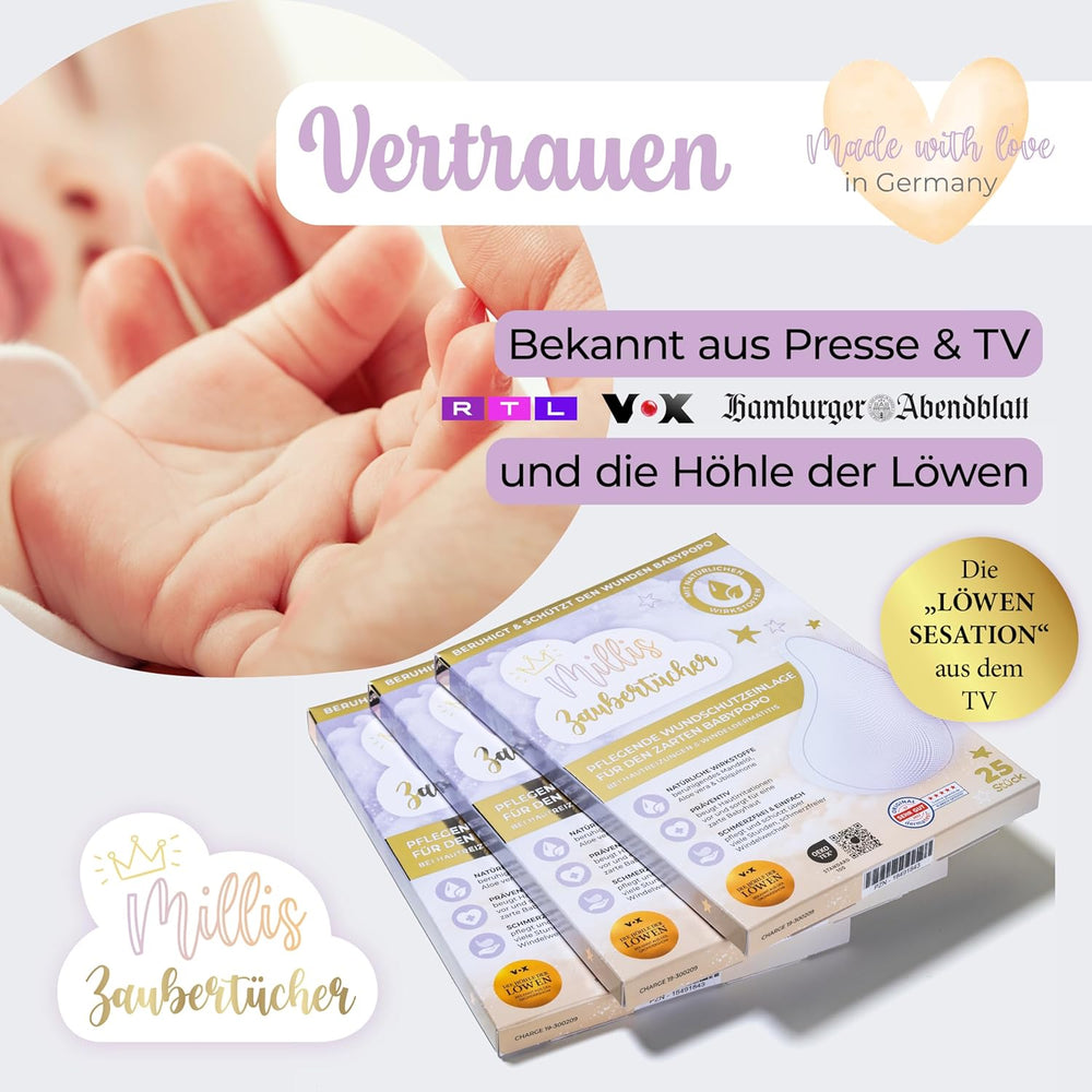 Millis Zaubertücher bei Windeldermatitis Baby, Bekannt aus "Die Höhle der Löwen", 25 Tücher (1 x 25er) s Aloe Vera, Mandelöl & Q10 - Pflegt, Schützt & dient als Wundschutz bei gereizter Haut