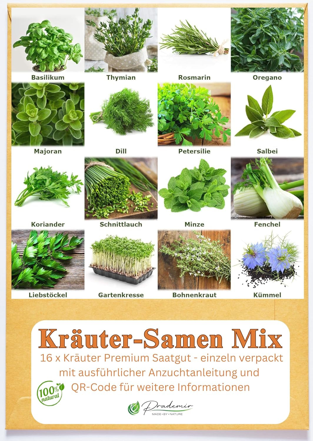 Prademir – Kräutersamen Set aus 16 beliebten Küchenkräutern – Kräuter Anzuchtset mit 100% Natursamen aus Portugal – Kräuter Saatgut aus Oregano, Tymián, Majoránka, Rosmarin, Kopr, Basilikum, Sage uvm