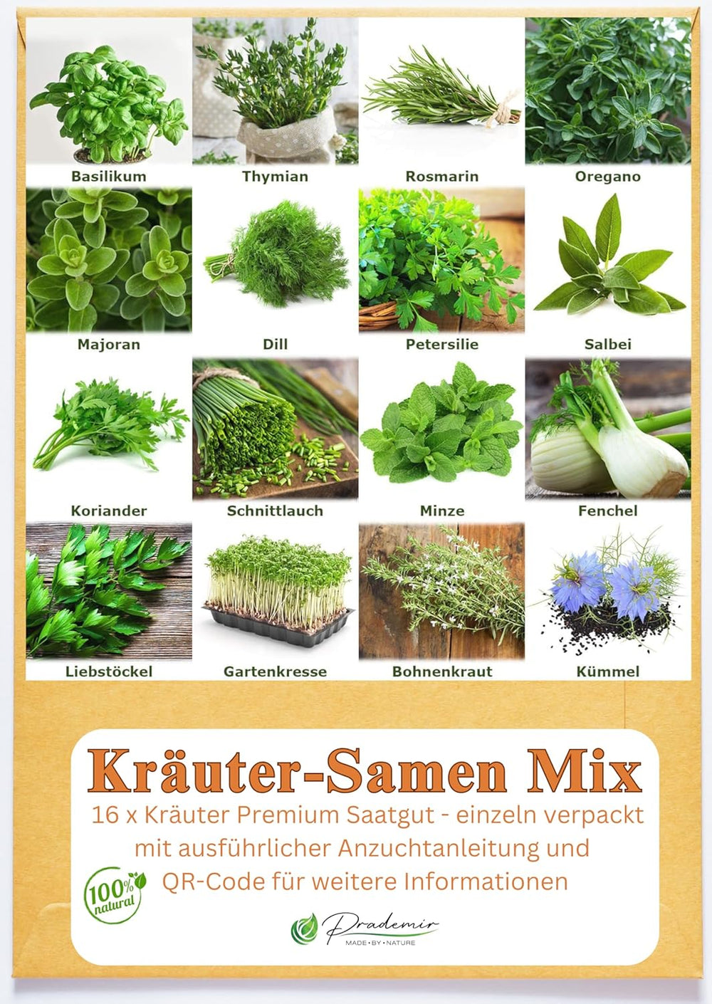 Prademir – Kräutersamen Set aus 16 beliebten Küchenkräutern – Kräuter Anzuchtset mit 100% Natursamen aus Portugal – Kräuter Saatgut aus Oregano, Tymián, Majoránka, Rosmarin, Kopr, Basilikum, Sage uvm