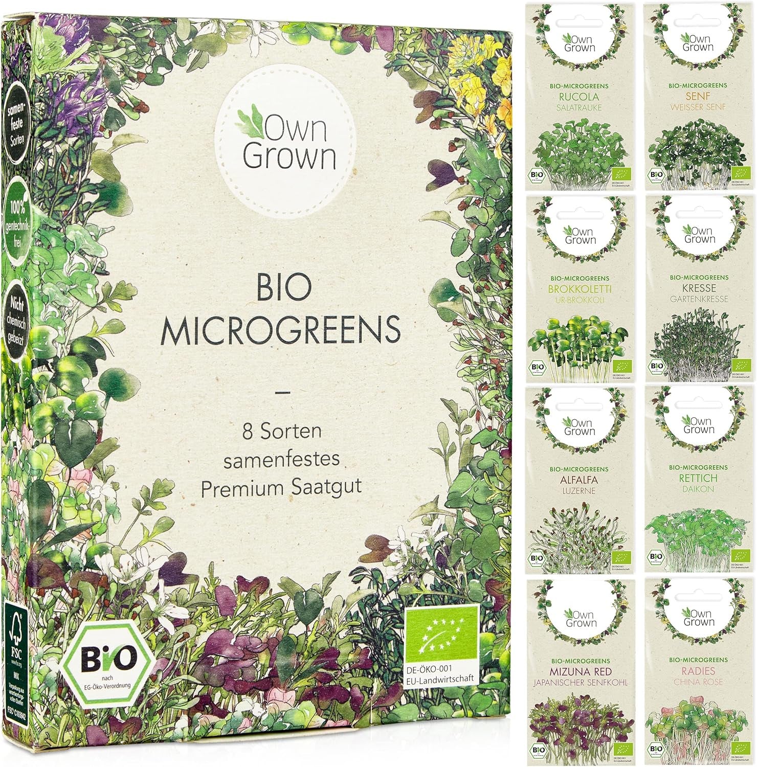 Microgreens Samen Set Von Owngrown - 8 Sorten BIO Sprossen Und Mikrogrün Saatgut Im Microgreens Starter Set - Alfalfa, Rucola, Kresse Für Kresse Anzuchtschalen Uvm - Sprossen Samen