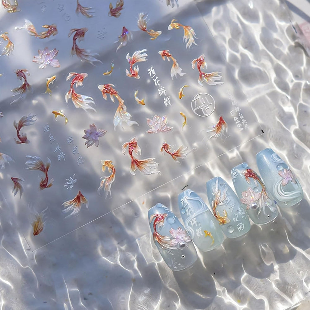 JMEOWIO 3D Nagelsticker Koi Fisch Nail Art Sticker Selbstklebend Nagelaufkleber 5D Stereoskopisch Dekoration Nageldesign Zubehör 1 Blatt