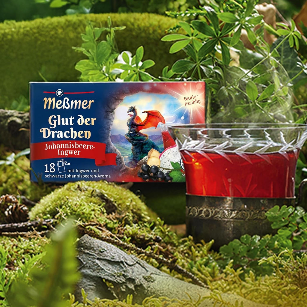 Meßmer Glut Der Drachen | Coacăze negre și ghimbir | Exclusiv online | 18 pliculețe de ceai | Vegan | Fără gluten | Fără lactoză