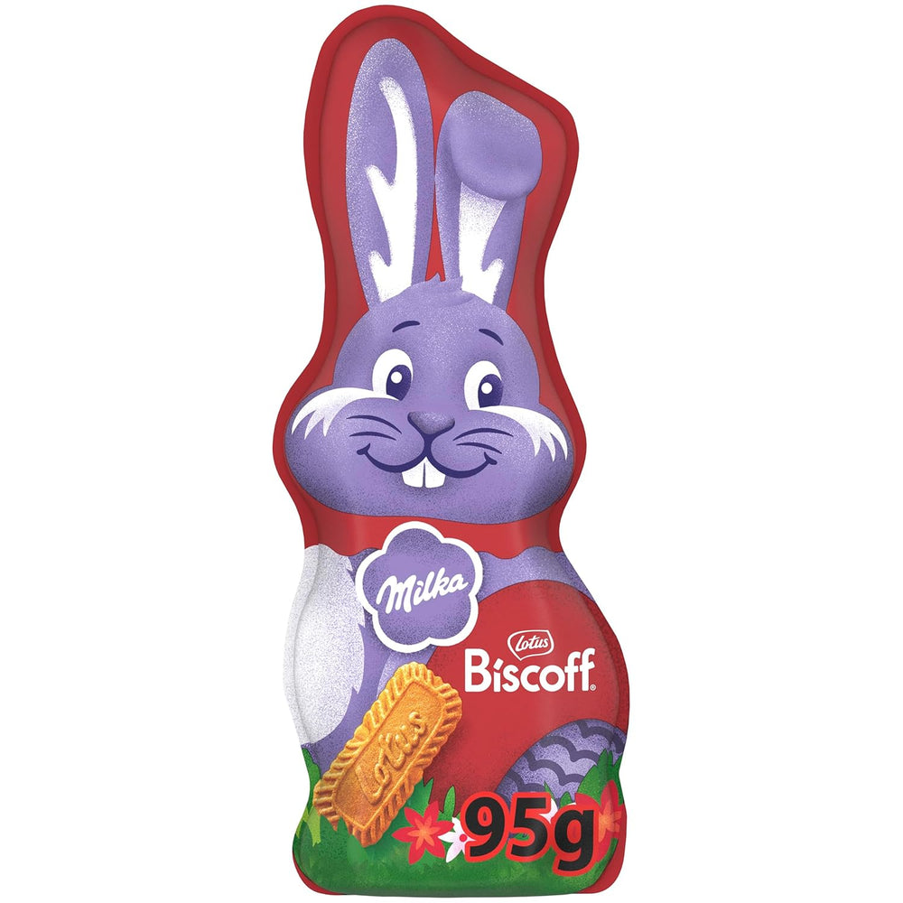 Milka Smiling Bunny Biscoff – jemný velikonoční zajíček s čokoládou a kousky sušenek Lotus Biscoff – 95g