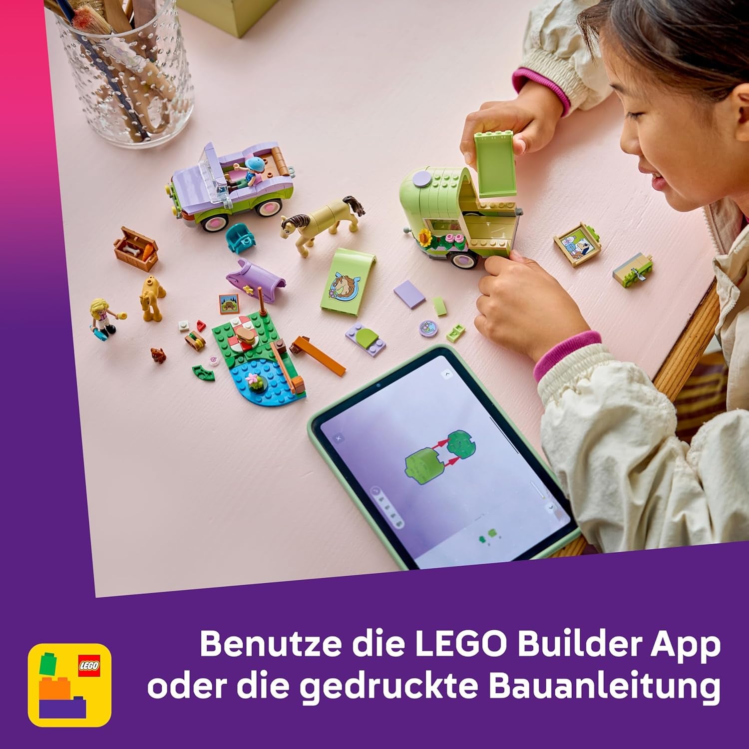 LEGO Friends Pferd und Fohlen mit Pferdeanhänger - Pferde Spielset mit Pflegezubehör, 4 Tierfiguren, Auto & 2 Mini Puppen - Geschenkeidee zum Geburtstag für Mädchen ab 7 Jahren - 42695