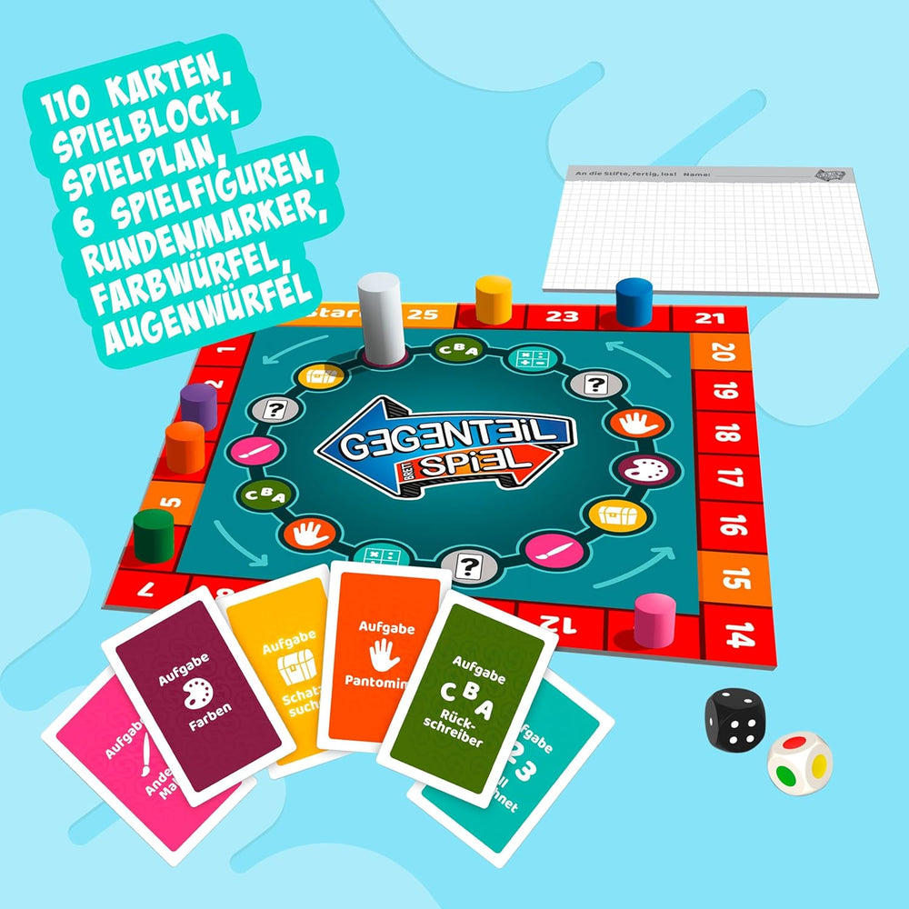 Noris 606062080 - Gegenteil Spiel (Brettspiel od 10 Jahre) - kombinierbar mit dem Kartenspiel - verrücktes Konzentrationspiel für Kinder und Erwachsene für 3-6 Spieler