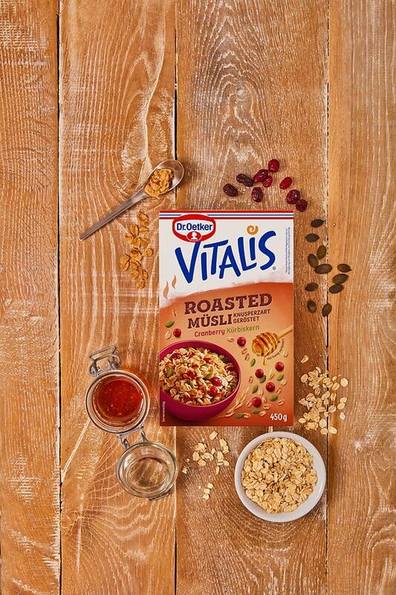 Oetker Vitalis Opékané müsli s brusinkami a dýňovými semínky: Opékané müsli se sušenými brusinkami, balení 8 ks (8 x 501 g)