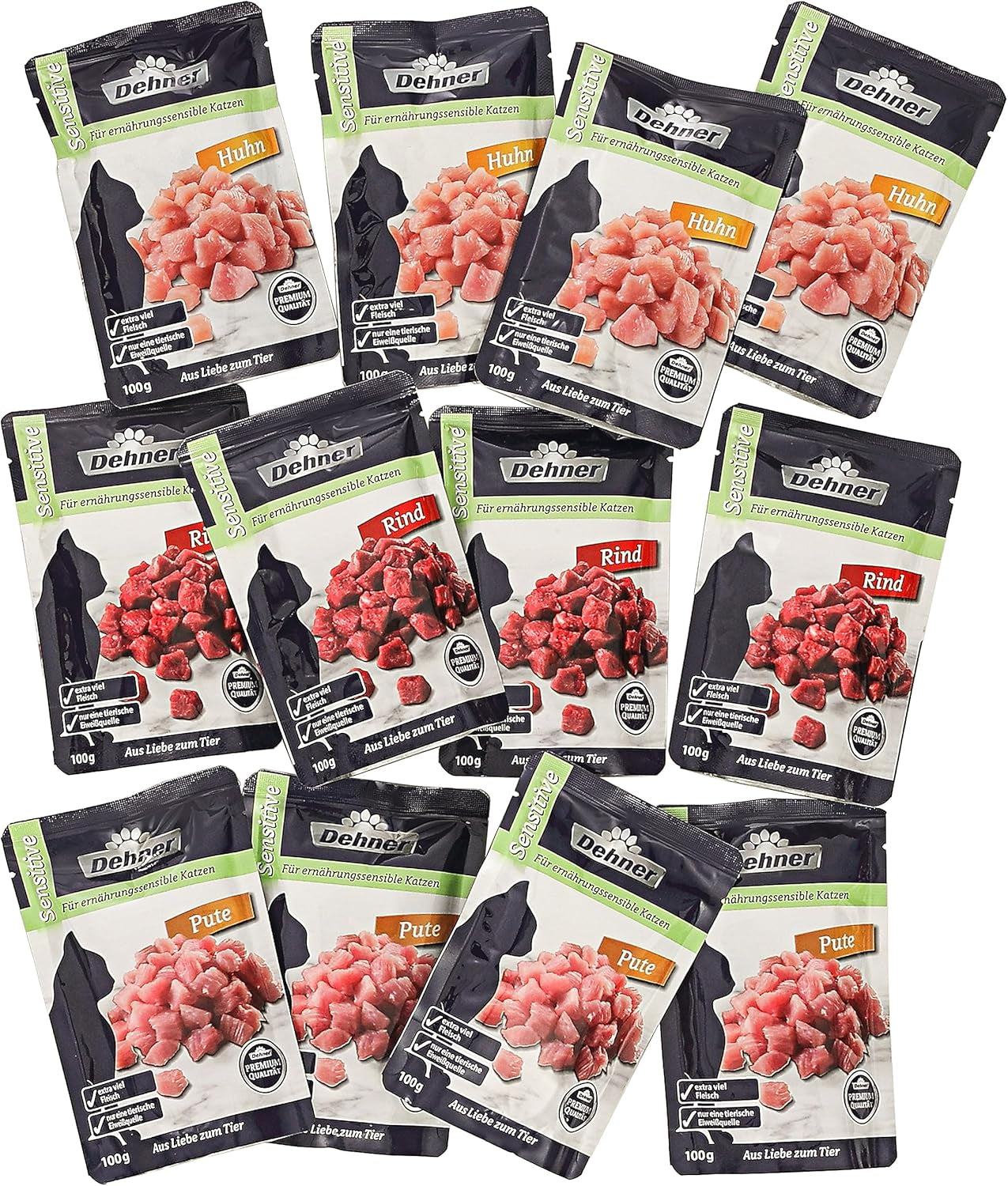 Dehner Premium Katzenfutter Sensitive Multipack, Nassfutter, für ernährungssensible Katzen, je 4 x Huhn / Rind / Pute, 12 x 100 g Beutel (1.2 kg)