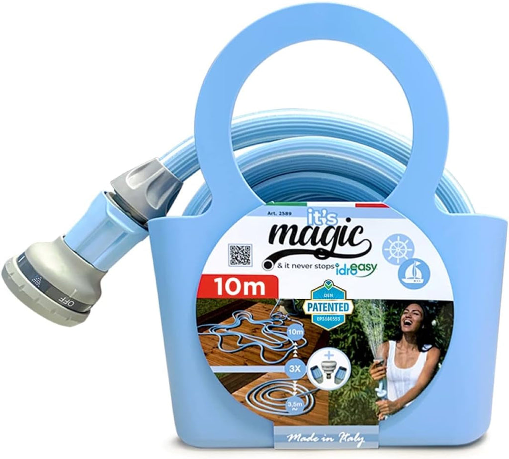 Furtun de grădină Magic Blue, extensibil, de 10 metri, rezistent la noduri și răsucire, cu sac și duză de pulverizare