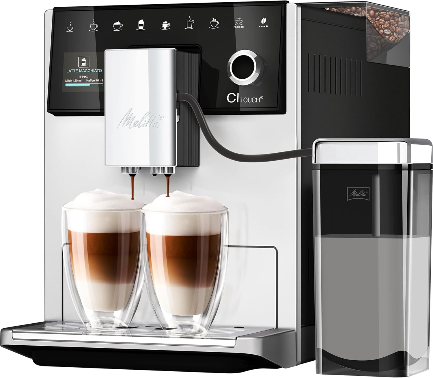 Melitta CI Touch - Espressor complet automat cu sistem de lapte, espressor cu râșniță de cafea integrată și spumator de lapte, de exemplu pentru espresso sau cappuccino, argintiu