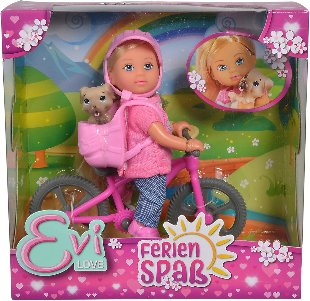 Simba 105733273 - Evi Love Ferienspaß Fahrrad, Puppe mit Fahrrad, Hund und Rucksack, Ankleidepuppe, 12cm, für Kinder ab 3 Jahren