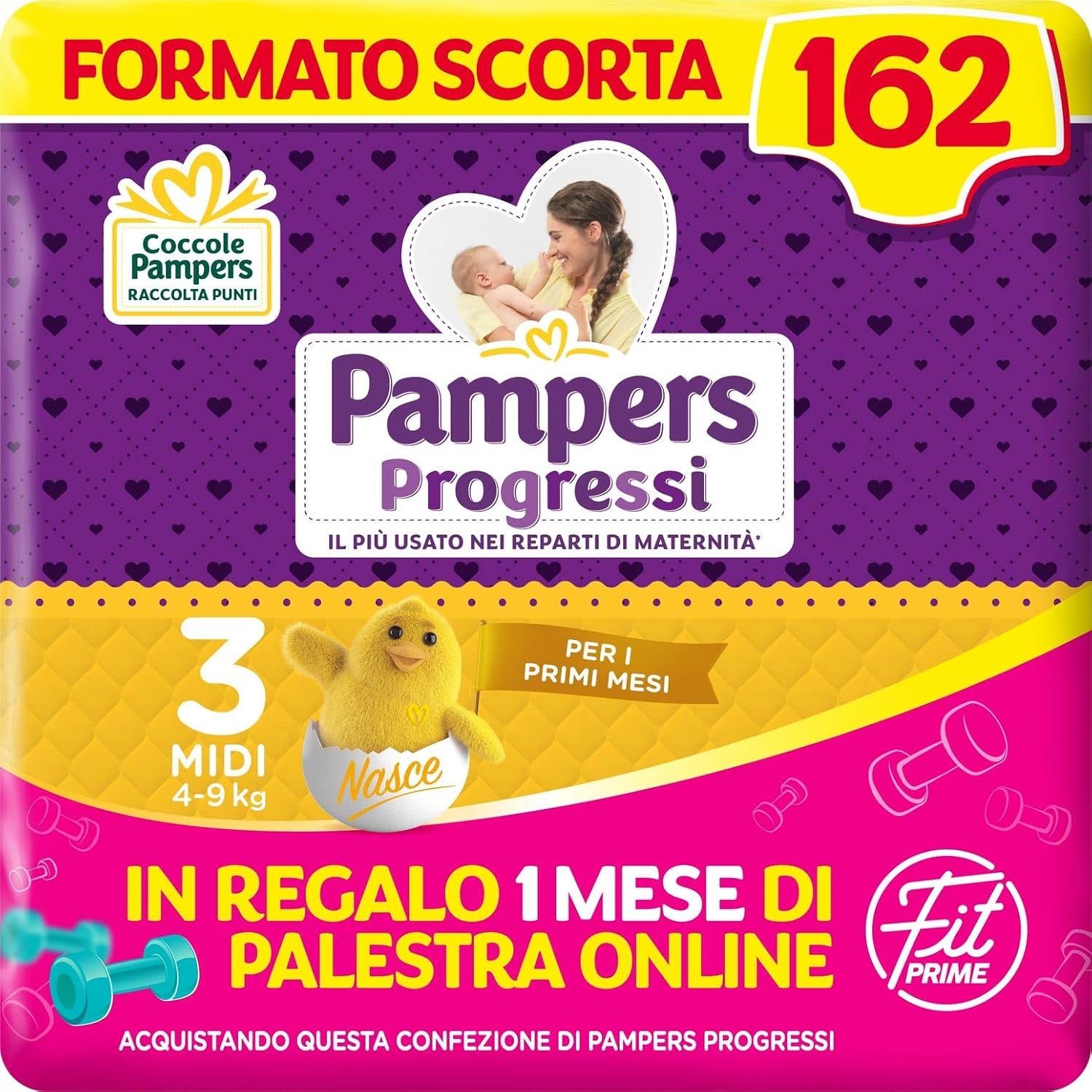 Pleny Pampers Progressi & Fit Prime Midi, krátký formát, 162 plen, velikost 3 (4-9 kg), online členství v posilovně na 1 měsíc jako dárek