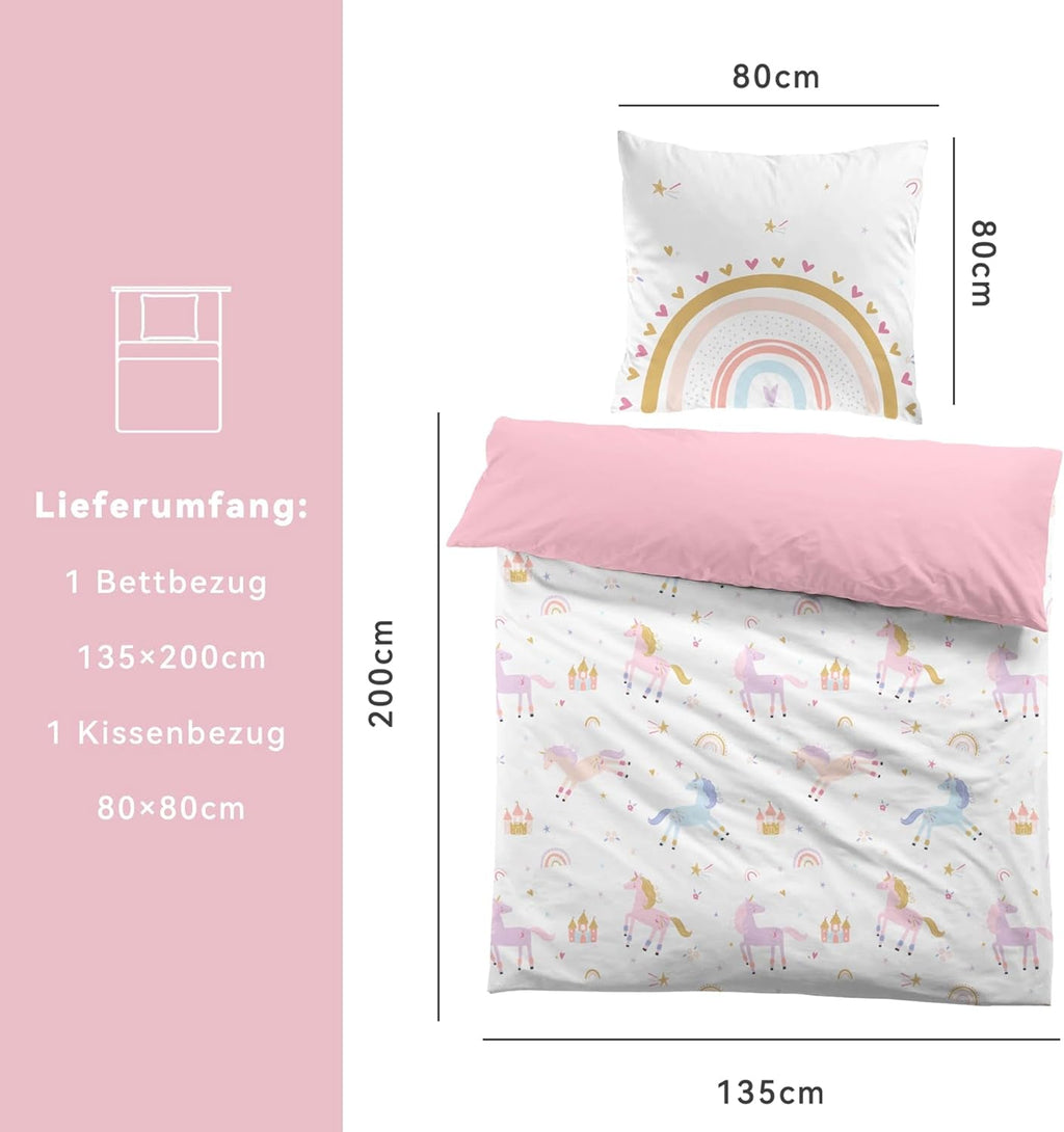 Fekohipy Bettwäsche 135X200 Mädchen Einhorn Kinderbettwäsche Rosa 3D-Druck Mikrofaser Regenbogen Kinder Bettbezug Mit Reißverschluss Und 1 Kissenbezug 80X80Cm 2-Teilige Kinderbettwäsche-Set Naty Shop