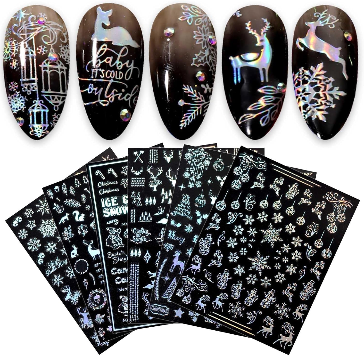 9 Blatt Nagelsticker Weihnachten Nagelaufkleber Selbstklebend Weiß Rentier Schneemann Nail Art Sticker Dekoration Nageldesign Zubehör