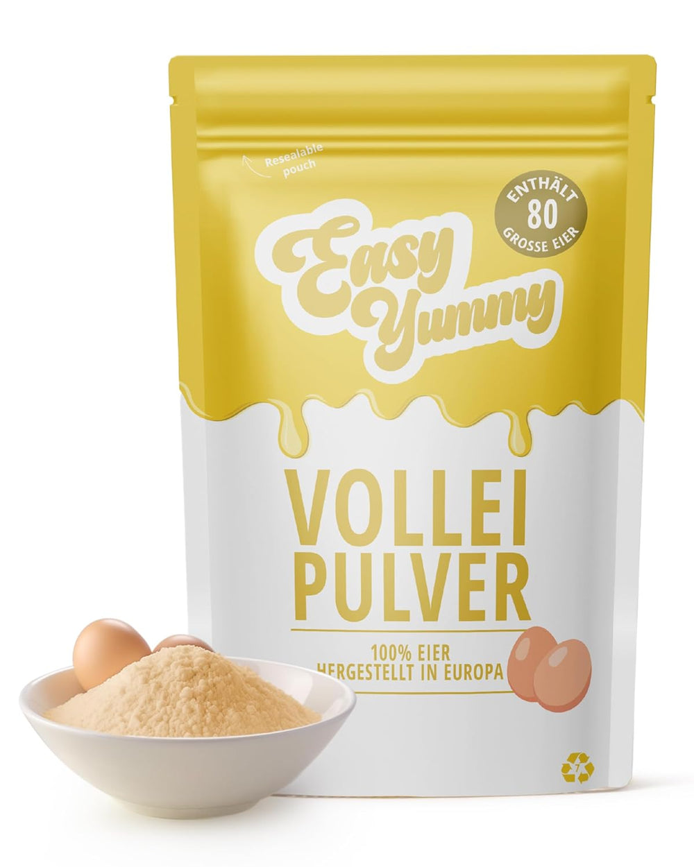 EASY YUMMY - Vollei-Eipulver (1000g = 80 Eier) z Regionalen Niederländischen Freiland-Eiern | mýtus 1-Ei-Messlöffel | Wiederverschließbarer Beutel, lange Haltbarkeit | Rührei, Kochen, Backen | 100% jich