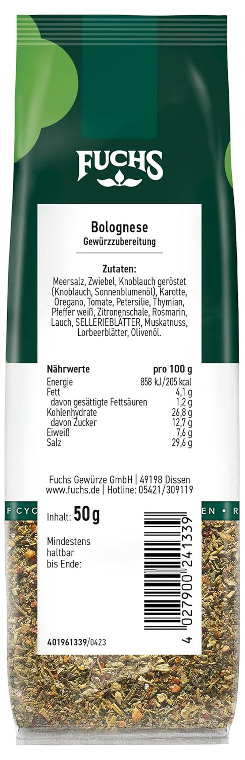 Fuchs Gewürze – Bolognese Gewürzzubereitung v recyklovatelném Nachfüllbeutel, Gewürzmischung mit Italianen Kräutern, für Spaghetti- und weitere Pasta-Saucen - 50 g